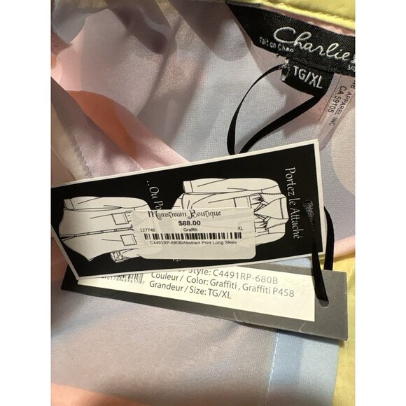 NEW Charlie B Sheer Chiffon Button-Down Top Y2K Colorful Abstract Artsy Boho XL - Picture 8 of 8